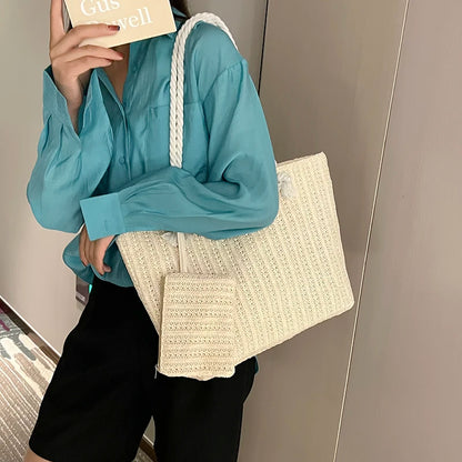 Tas Dames - Gevlochten Shopper met Touwhandvat en Clutch | Zomer