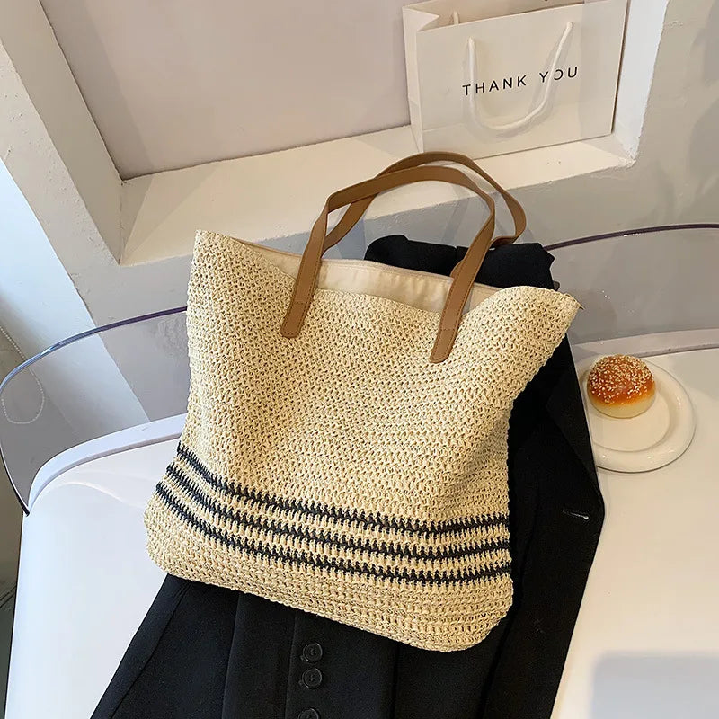 Tas Dames - Ruime Gevlochten Shopper met Strepenpatroon | Zomer