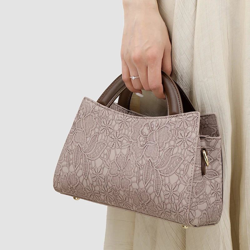 Handtas Dames - Bloemen Reliëf Tas met Houten Handvat | Chique
