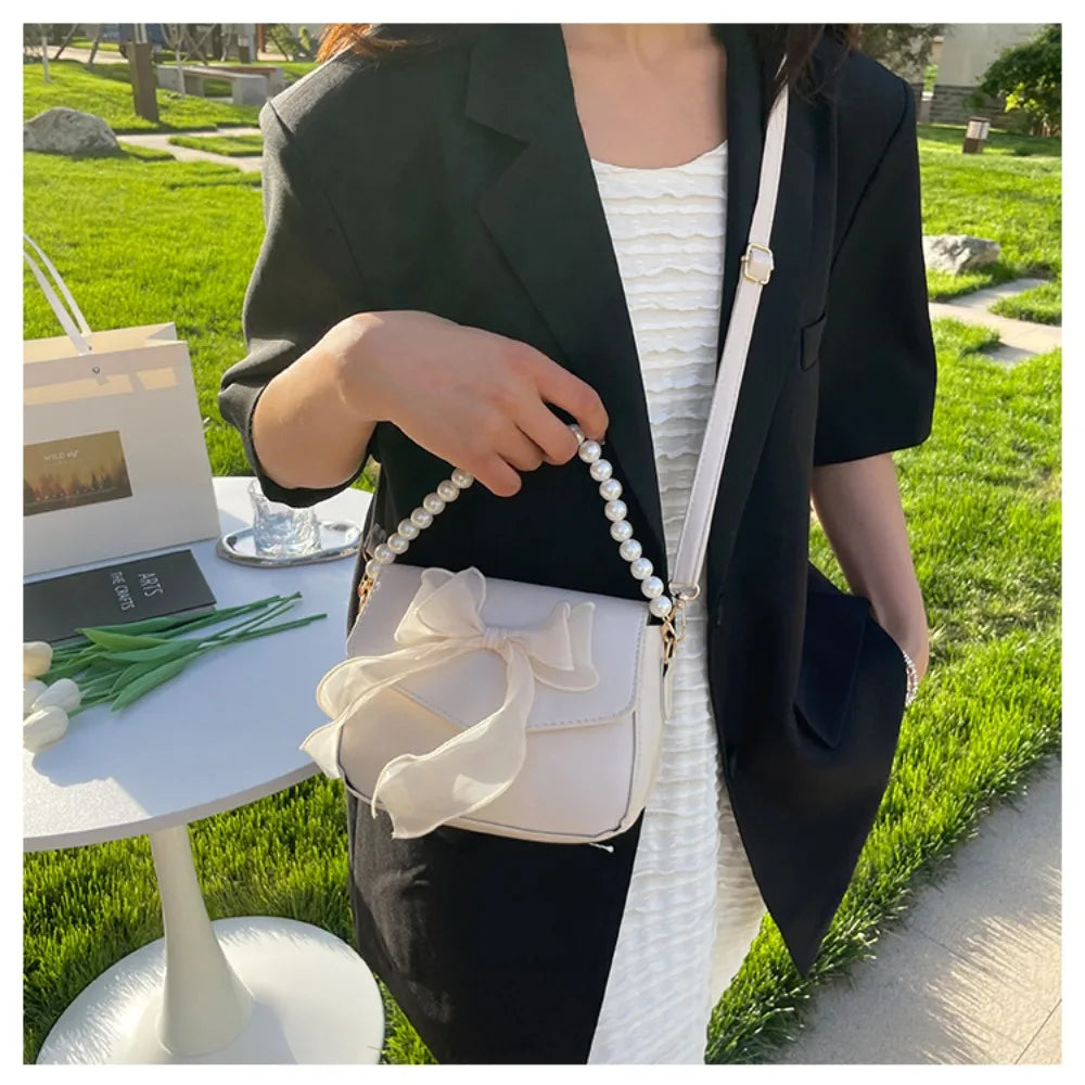Handtas Dames - Strik Tas met Parelketting en Organza | Chique