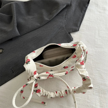 Tas Dames - Mini Hobo Tas met Aardbeienprint en Strikje | Zomer