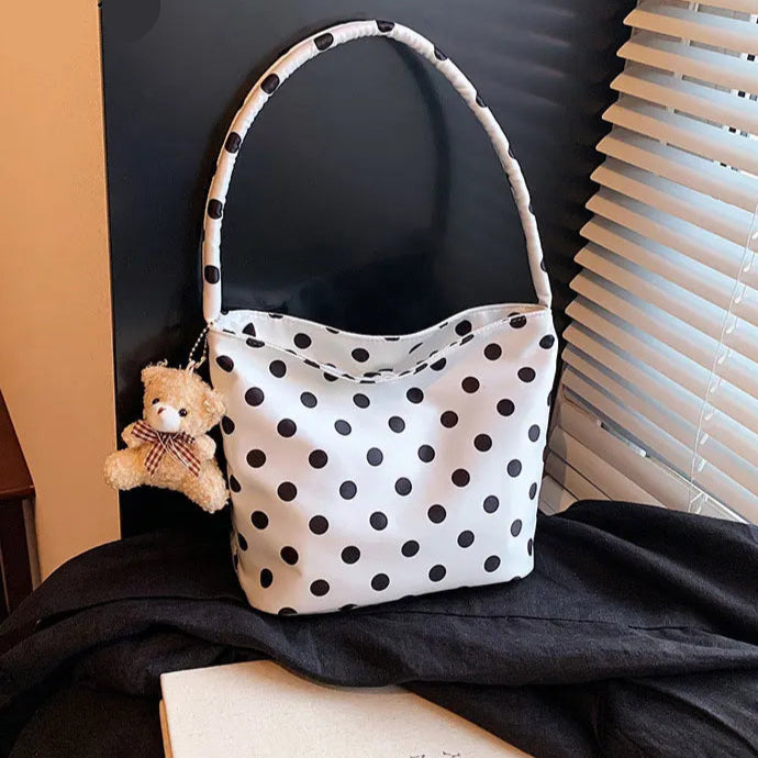 Schoudertas Dames - Ruime Tas met Stippenprint en Beertje | Casual
