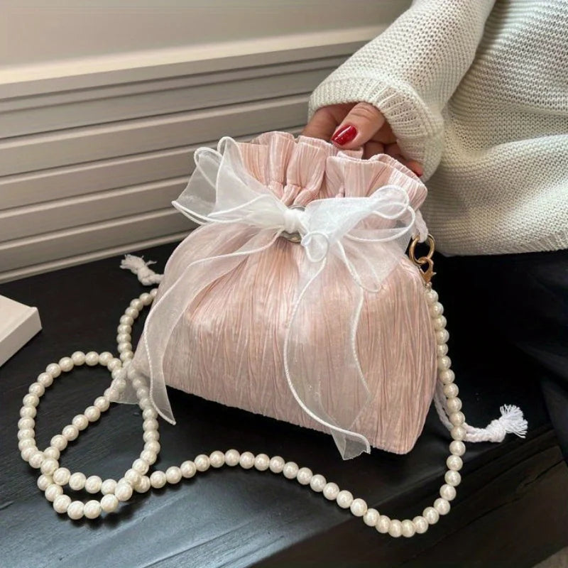 Avondtasje Dames - Bucket Tas met Strik en Parelketting | Feest