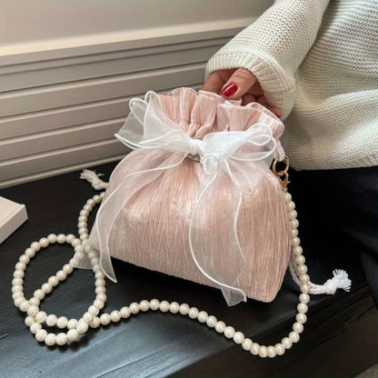 Avondtasje Dames - Bucket Tas met Strik en Parelketting | Feest