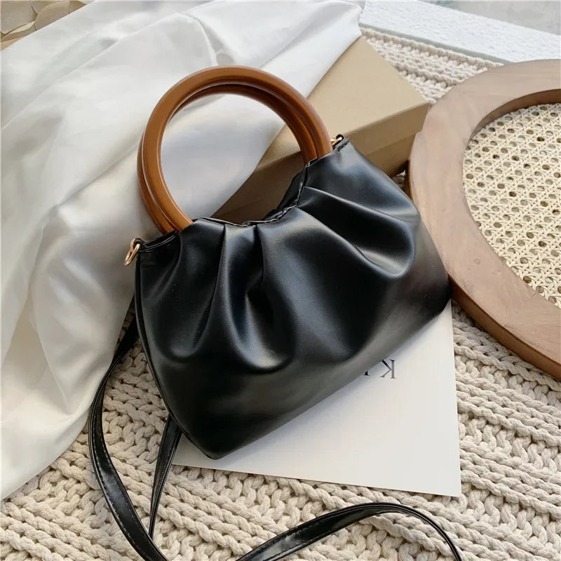 Handtas Dames - Geplooide Cloud Bag met Houten Hengsel | Chique
