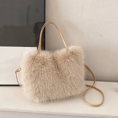 Tas Dames - Pluche Schoudertas met Schouderriem en Handvat | Casual