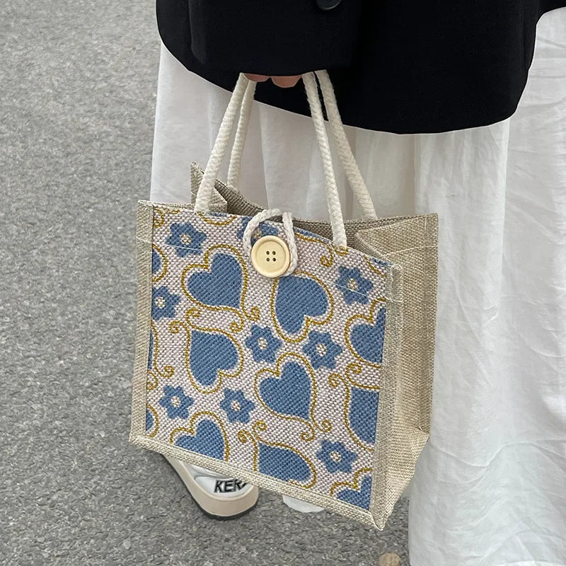 Shopper Dames - Gevlochten Tas met Hartjesprint en Knoop | Casual