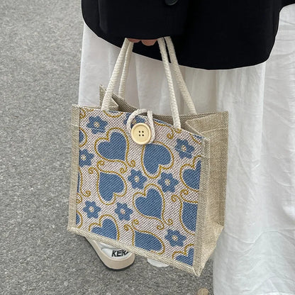 Shopper Dames - Gevlochten Tas met Hartjesprint en Knoop | Casual