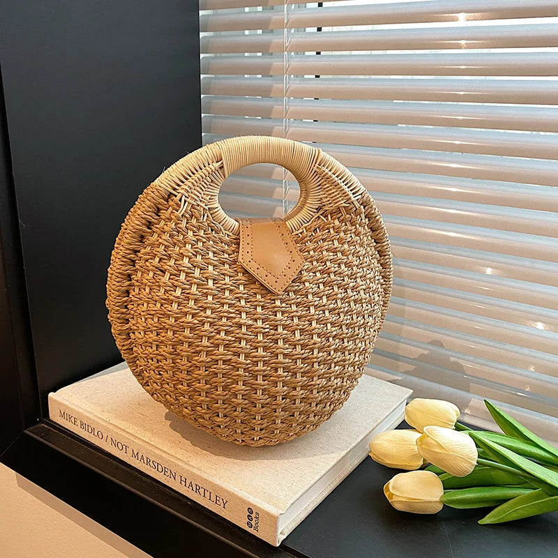 Tas Dames - Ronde Gevlochten Tas met Houten Handvat | Zomer