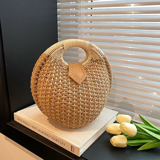 Tas Dames - Ronde Gevlochten Tas met Houten Handvat | Zomer