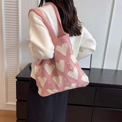 Tas Dames - Gebreide Tote Bag met Hartjespatroon | Casual