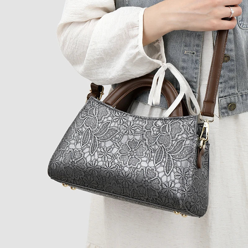 Handtas Dames - Bloemen Reliëf Tas met Houten Handvat | Chique