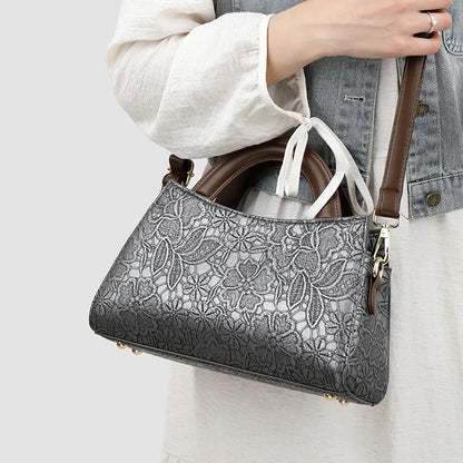 Handtas Dames - Bloemen Reliëf Tas met Houten Handvat | Chique