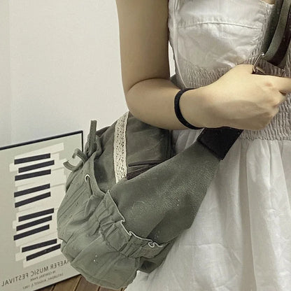 Tas Dames - Schoudertas met Kantdetail en Strikkoord | Casual