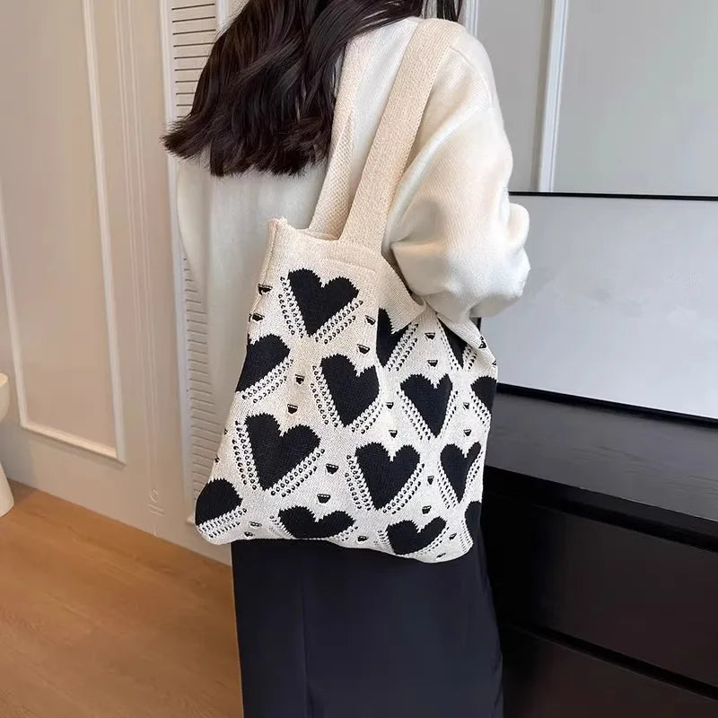 Tas Dames - Gebreide Tote Bag met Hartjespatroon | Casual
