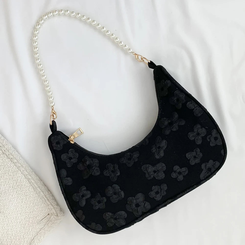 Schoudertas Dames - Halfmaan Tas met Parelketting en Bloemen | Chique