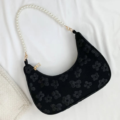Schoudertas Dames - Halfmaan Tas met Parelketting en Bloemen | Chique