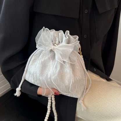 Avondtasje Dames - Bucket Tas met Strik en Parelketting | Feest