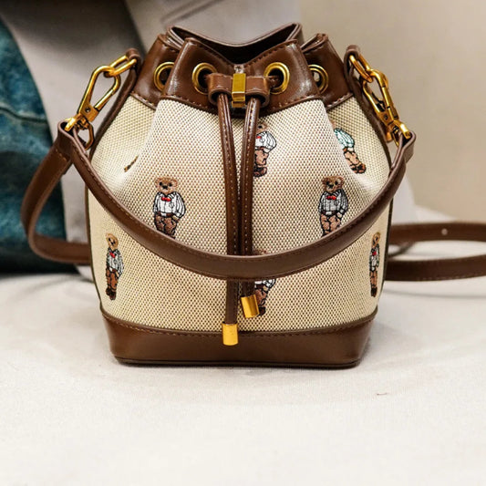 Crossbody Tas Dames - Bucket Bag met Berenprint en Trekkoord | Casual