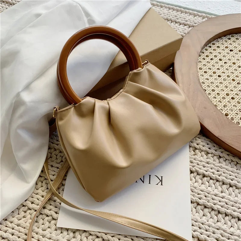 Tas Dames - Geplooide Handtas met Houten Ring en Ketting | Chique