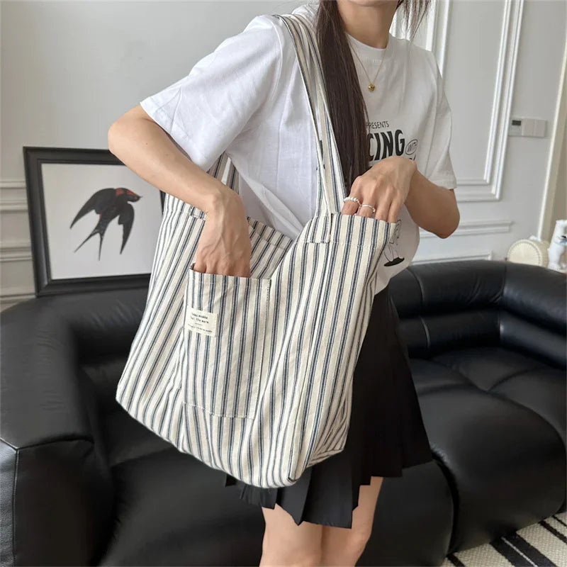 Tas Dames - Grote Tote Bag met Streepjespatroon en Label | Casual