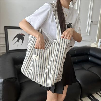 Tas Dames - Grote Tote Bag met Streepjespatroon en Label | Casual