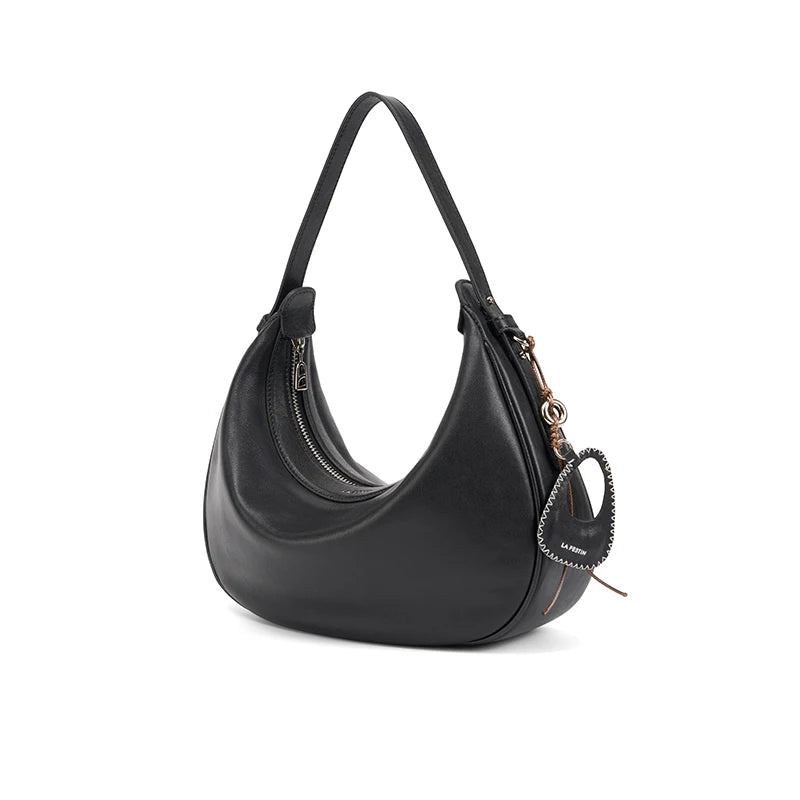 Tas Dames - Halfmaan Schoudertas met Rits en Hanger Detail | Casual