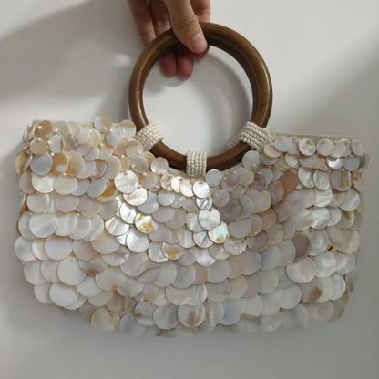 Tas Dames - Handtas met Schelpendetails en Houten Handvat | Boho