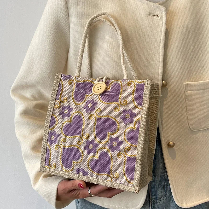 Shopper Dames - Gevlochten Tas met Hartjesprint en Knoop | Casual