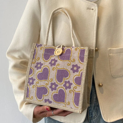 Shopper Dames - Gevlochten Tas met Hartjesprint en Knoop | Casual