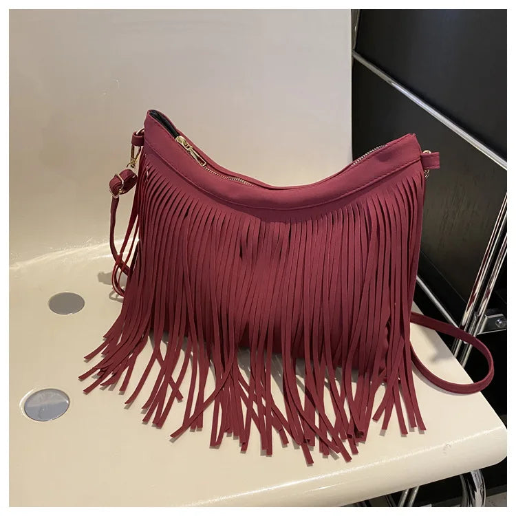Tas Dames - Schoudertas met Lange Franjes en Gouden Hardware | Boho