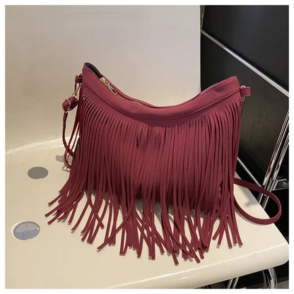 Tas Dames - Schoudertas met Lange Franjes en Gouden Hardware | Boho