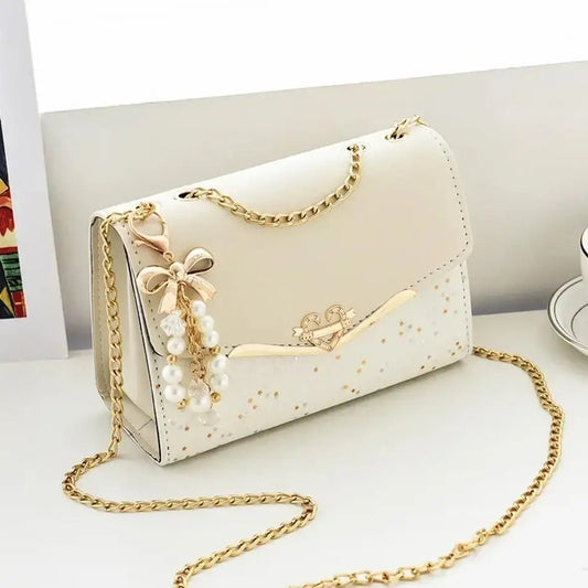 Tas Dames - Schoudertas met Gouden Ketting en Parelornament | Mini