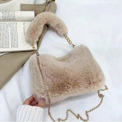Tas Dames - Zachte Schoudertas met Gouden Ketting en Pluizig Hengsel