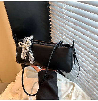 Schoudertas Dames - Langwerpige Tas met Parel Strik Detail | Chique