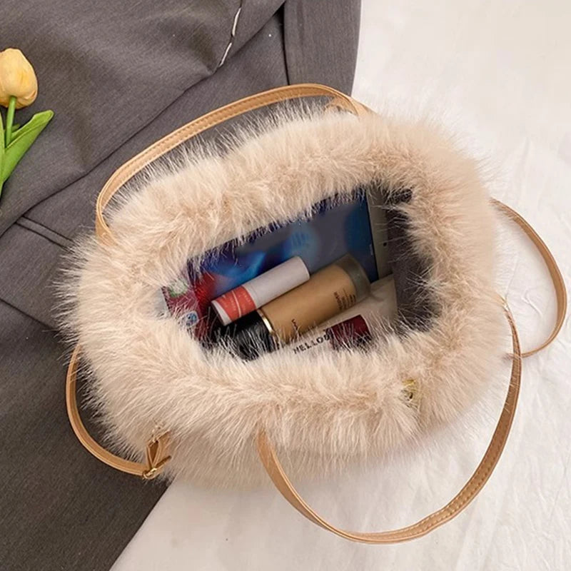 Tas Dames - Pluche Schoudertas met Schouderriem en Handvat | Casual