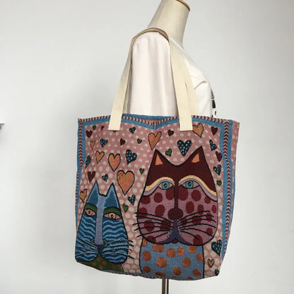 Shopper Dames - Grote Tote Bag met Katten en Hartjesprint | Casual