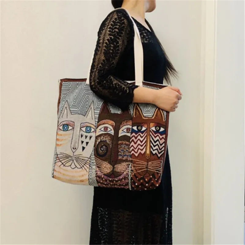 Shopper Dames - Grote Tote Bag met Katten en Hartjesprint | Casual