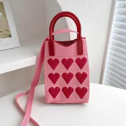 Mini Tas Dames - Gebreide Handtas met Hartjesprint en Riem | Casual