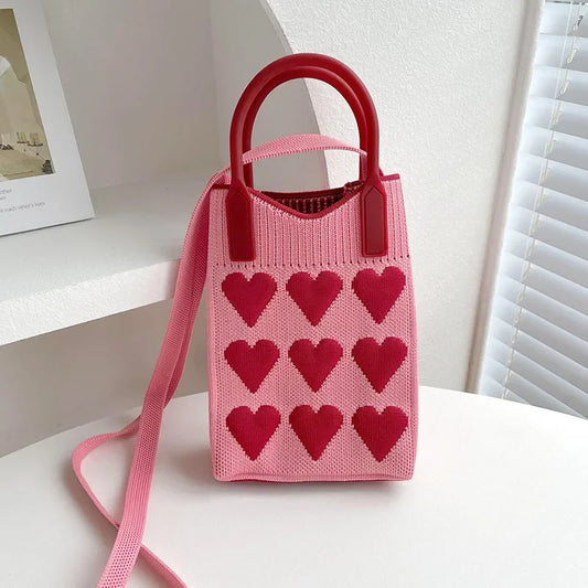 Mini Tas Dames - Gebreide Handtas met Hartjesprint en Riem | Casual