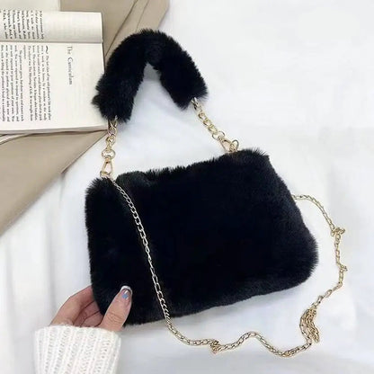 Tas Dames - Zachte Schoudertas met Gouden Ketting en Pluizig Hengsel