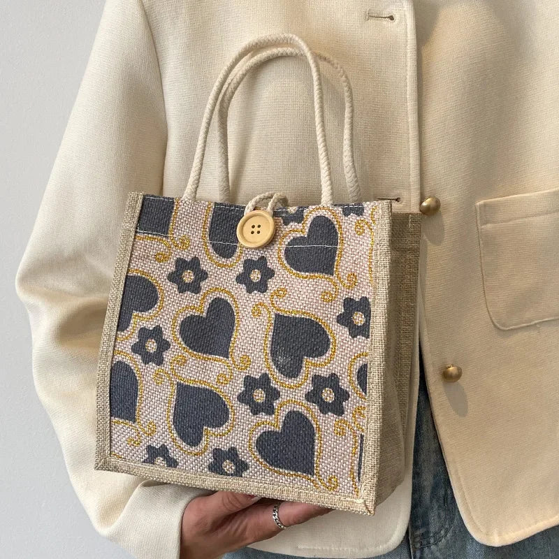 Shopper Dames - Gevlochten Tas met Hartjesprint en Knoop | Casual