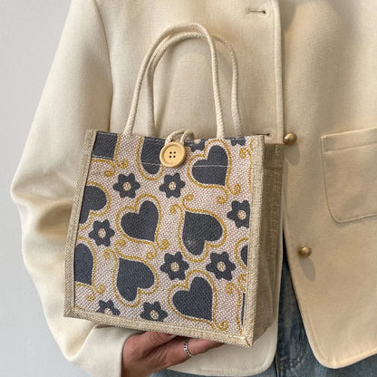 Shopper Dames - Gevlochten Tas met Hartjesprint en Knoop | Casual