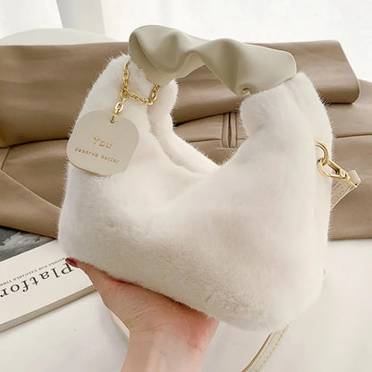 Tas Dames - Pluche Schoudertas met Gouden Ketting en Hanger | Chique