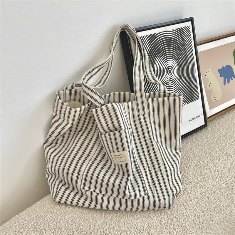 Tas Dames - Grote Tote Bag met Streepjespatroon en Label | Casual