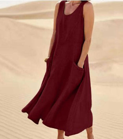 Saar - Casual Linnen-Katoen Maxi Jurk Dames mouwloos met Ruime Zakken