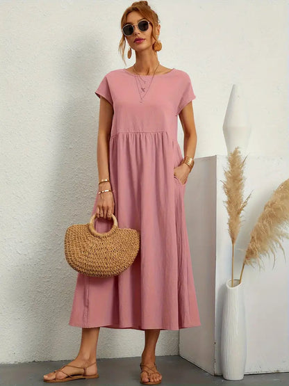 Saar - Casual Zomerjurk Dames met Ronde Hals en Zijzakken