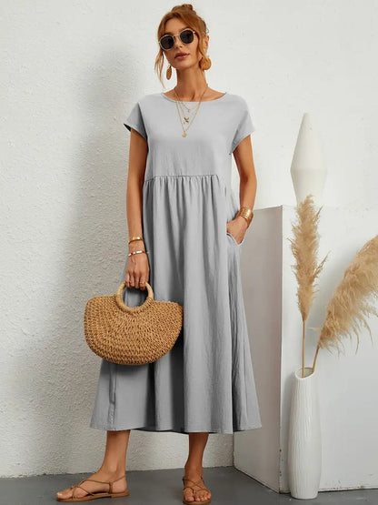 Saar - Casual Zomerjurk Dames met Ronde Hals en Zijzakken