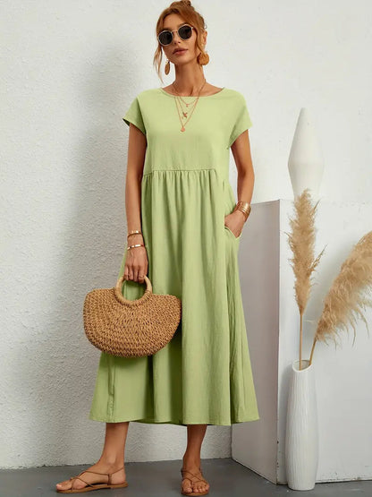 Saar - Casual Zomerjurk Dames met Ronde Hals en Zijzakken