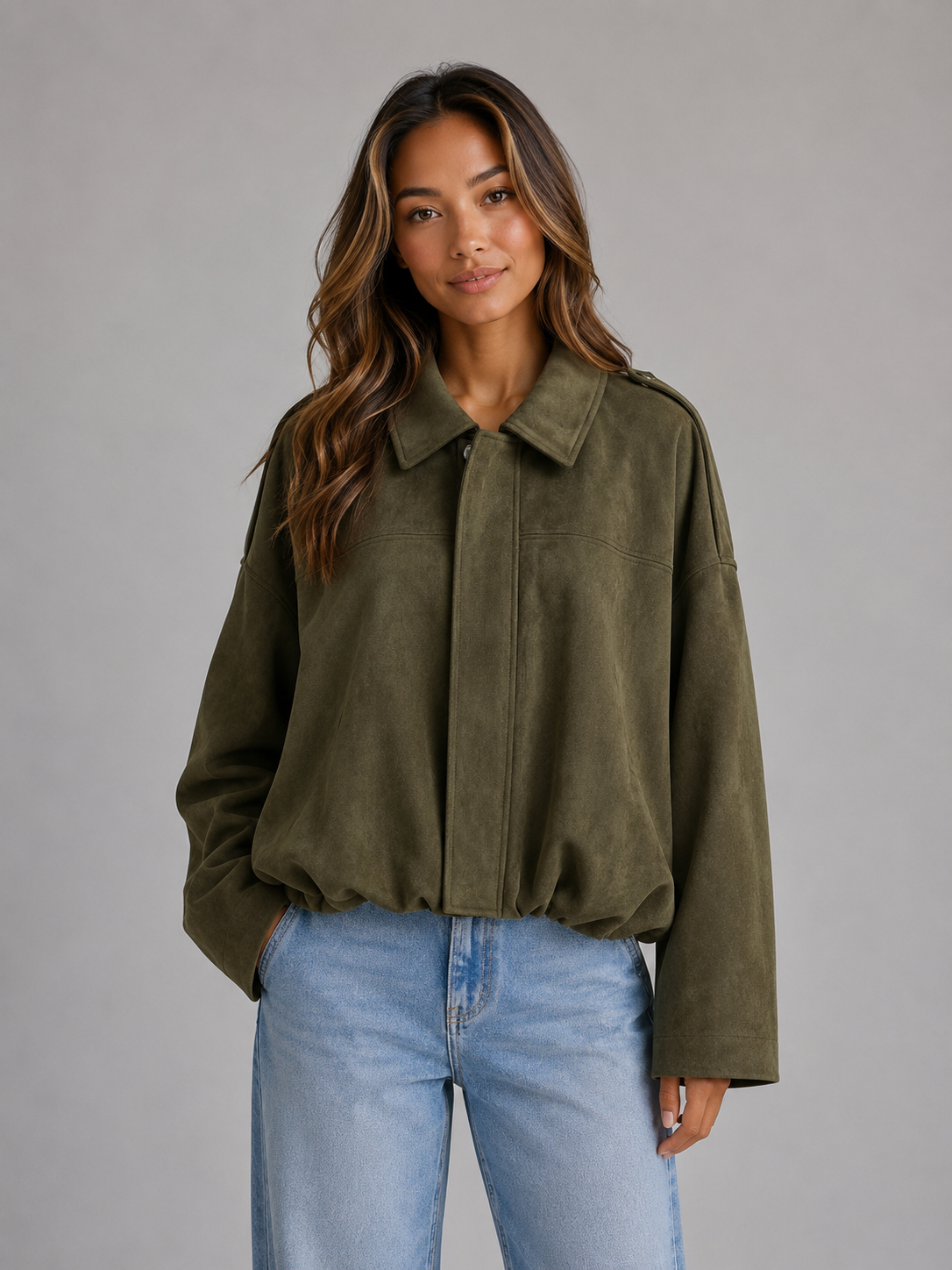 Saar - Dames Bomberjack Cropped Oversized met Kraag en Verlaagde Schouders